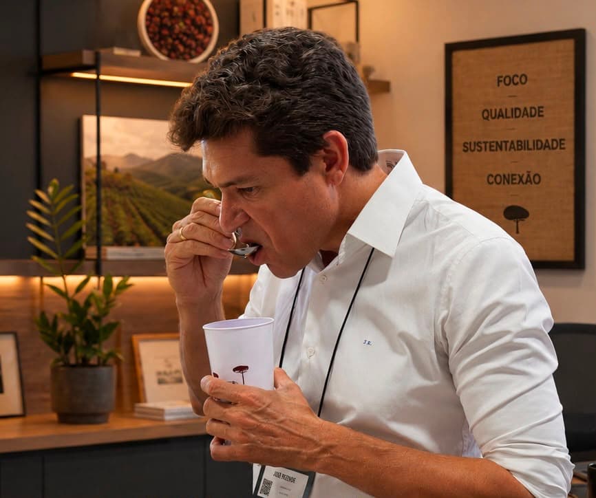 Retrato de José Rezende durante uma prova de café