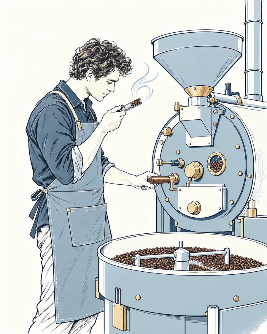Ilustração editorial de uma pessoa observando grãos no amostrador de um torrador